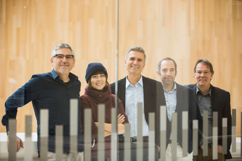 Sigi Ramoser (Sägenvier), Lena Seeberger (Sägenvier), Gabor Mödlagl (Stadtbauamt), Edgar Eller (Stadtmarketing und Tourismus Feldkirch) und Markus Mitiska (Mitiska Wäger Architekten) (v.l.).  (nicht auf dem Bild: Rainer Hascher und Sebastian Jehle von Hascher Jehle Architektur)