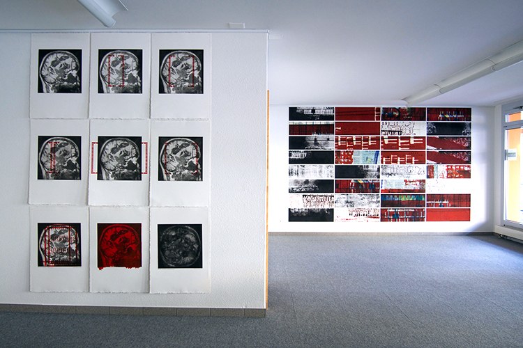 Neun Radierungen „Schläfenzange“  und 32 Pigmentdrucke als eine Wand montiert