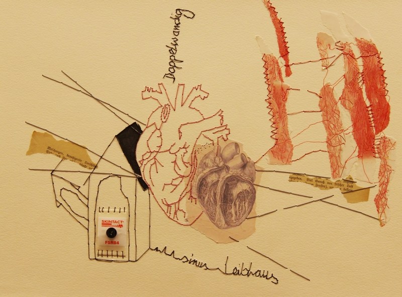 Claudia-Maria Luenig: Leibhäuser, Sinus - 2014, Collage, gestickter Text