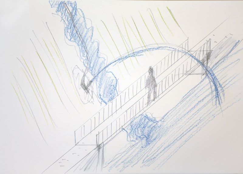 Roman Signer: Entwurfszeichnung 2020, Installation am Bielbach