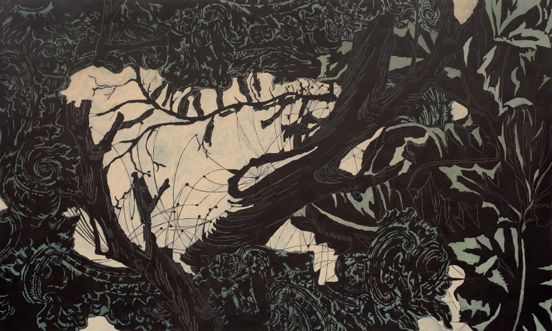 Debora Hirsch: Firmamento (rivers), 2018, Acryl, Ölstift und Dusche auf Leinwand