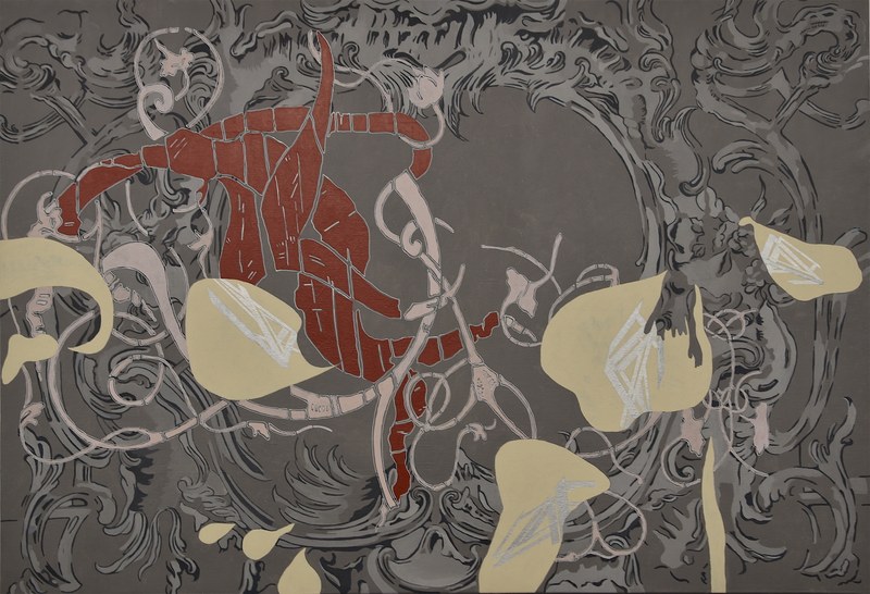 Debora Hirsch: Aus der Serie Firmamento, 2018, Acryl, Ölstift und Dusche auf Leinwand