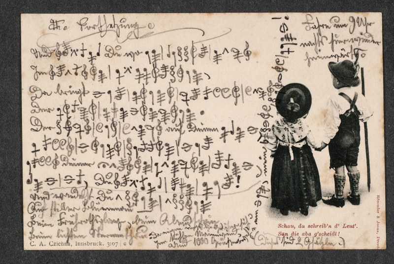 „ganznah“: Liebespostkarte in Notenschrift von Josef Fröwis an seine Braut Theresia Metzler, um 1900 (Original im Privatbesitz Wilhelm Hollenstein)