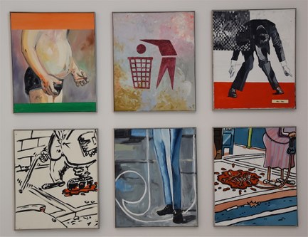 Martin Kippenberger: Fünfzehn Beine, trotzdem alleine, 1981, Öl auf Leinwand, 6 Teile