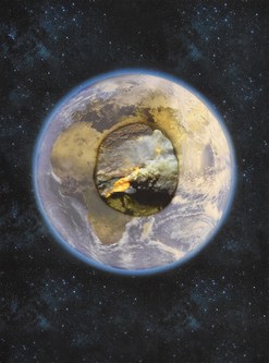 Christine S. Prantauer: Blauer Planet 2/  Burning Planet, Digitalmontage, 140 x 185, 2019