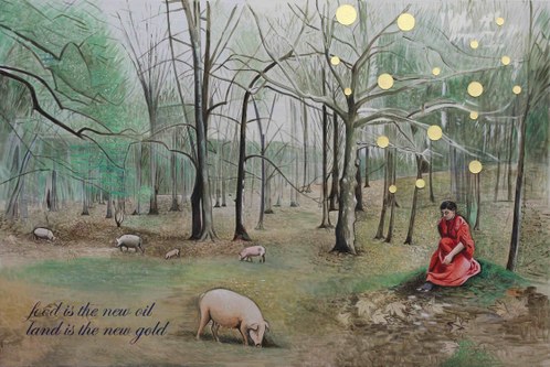 Kandl Johanna: Food is the new oil, land is the new gold, Tempera, Holz 2013