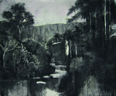 Alexandra Wacker: Im Fluss der Zeit. 2011, Tusche auf Papier, 130 x 150 cm