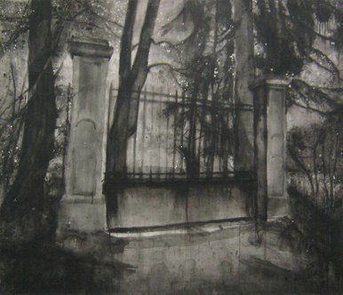 Alexandra Wacker: Vor Nachbars Garten. 2012, Tusche auf Papier, 130 x 150 cm