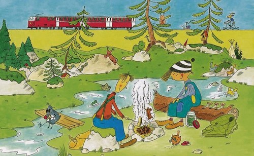 Illustration von Patrick Steiger zu "Türli & Flidari auf dem Bahnerlebnisweg Albula"