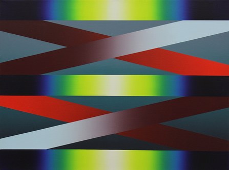 Farbverlaufende horizontale und digitale Farbbänder gehören zum immer wiederkehrenden Instrumentarium im Schaffen von Ben Hübsch (Foto: Karlheinz Pichler)