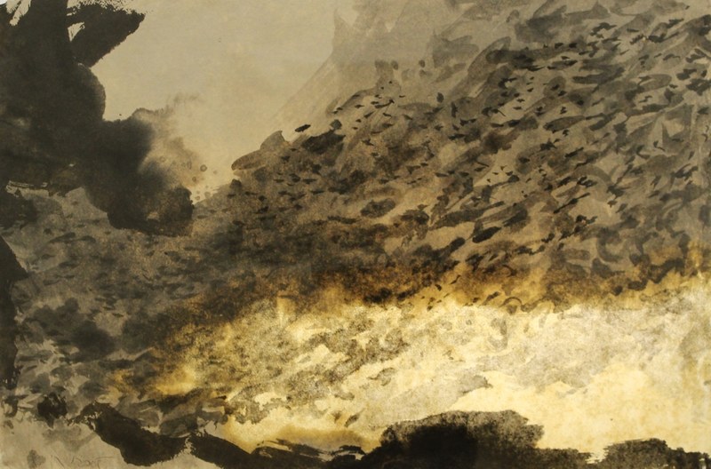 Margit Krismer: Auf dem Grund - über Wasser. Tusche, Papier, Leinöl, Acrylglas, Aluminiumgestell, Leuchtstoffröhre