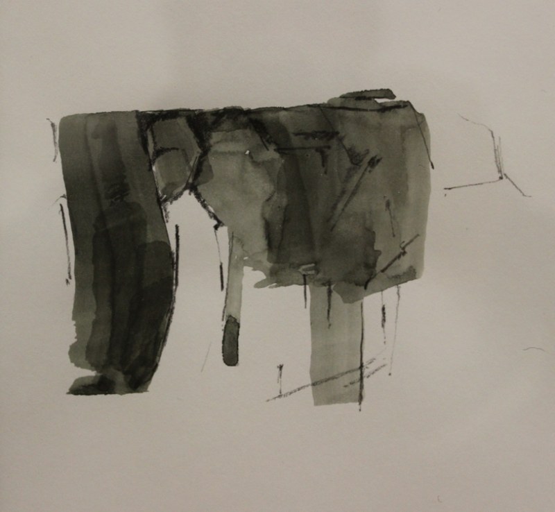 Pirmin Hagen: o.T., 2014, Bleistift, Aquarell, Papier, Glas, Metall