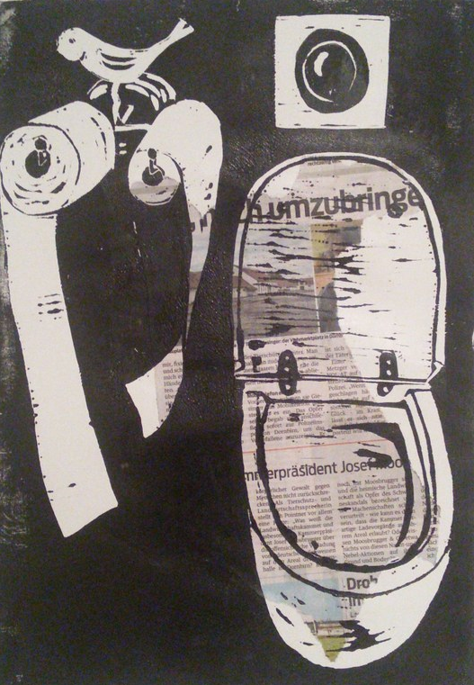 May-Britt Nyberg Chromy: "Newsroom" (Holzschnitt auf Zeitung), 2017