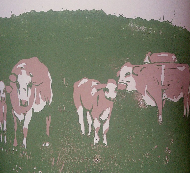 May-Britt Nyberg Chromy: "Kühe in Hinnerup" (Linoldruck), 2017