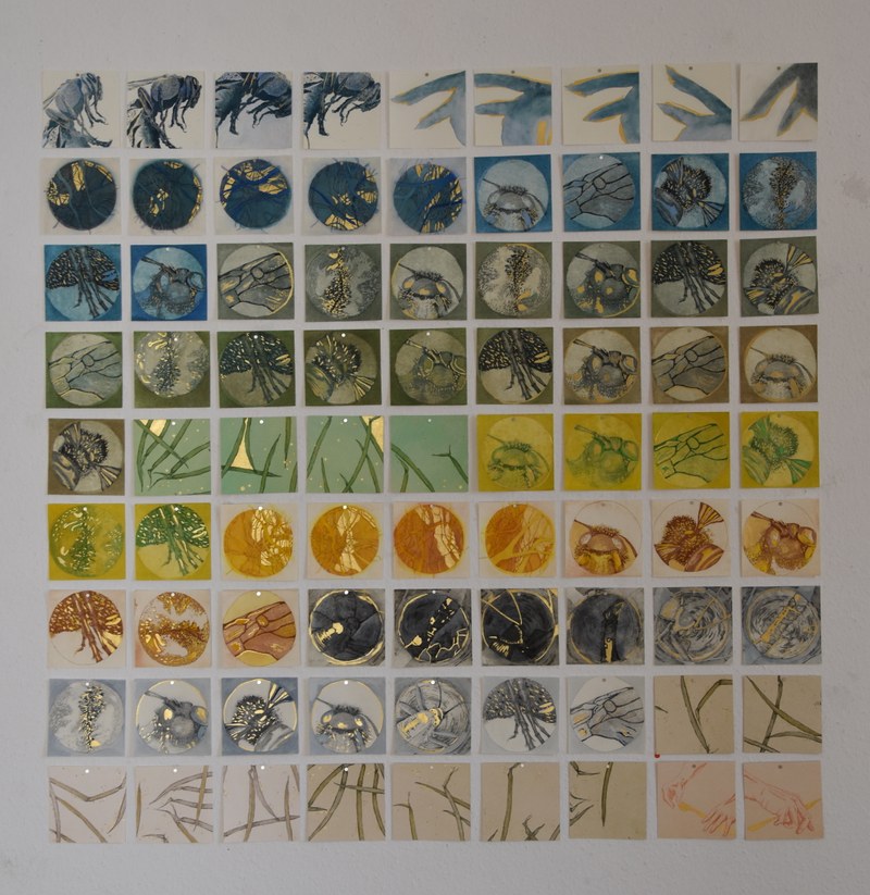 Melanie Berlinger: Mit Aquarellfarbe und Blattgold überarbeitete Radierungsprobedrucke, 2019