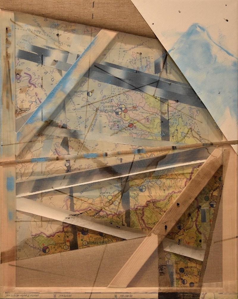 Peter Cvik: "Missing My Mountains", 2017. Acryl auf Leinwand, Mappe u. Netz