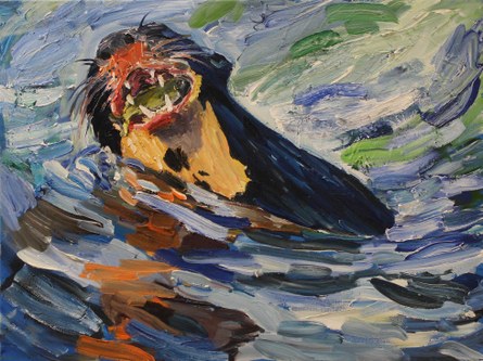 Thomas Hoor: "Otter mit Fisch im Maul", 2012, Öl auf Leinwand