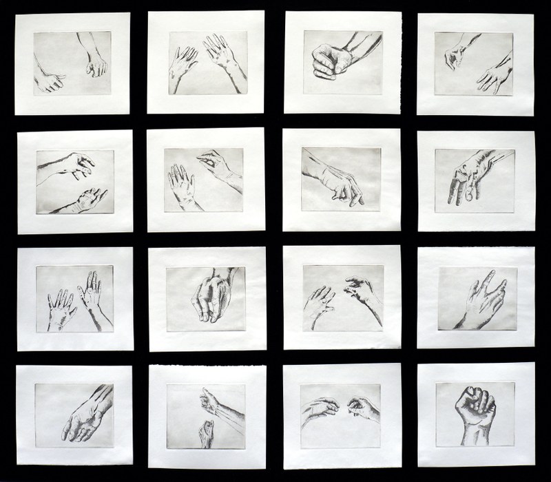 Melanie Berlinger, Die Hand und ihre künstlerische Obliegenheit: Aquatinta und Stichätzung auf Tiefdruckkarton, 2017 (In Anlehnung an den Essay von Walter Benjamin: "Das Kunstwerk im Zeitalter seiner technischen Reproduzierbarkeit.")