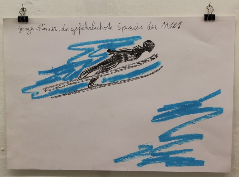 Thomas Hoor: Junge Männer sind die gefährlichste Spezies der Welt (Buntstift auf Papier)