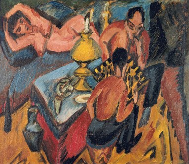 Ernst Ludwig Kirchner: Erich Heckel und Otto Mueller beim Schach. 1913, Öl auf Leinwand (Bild: Brücke Museum Berlin)