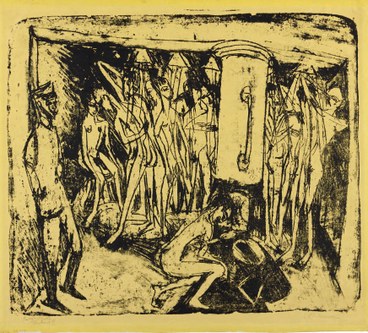 Ernst Ludwig Kirchner: Artilleristenbad - Badende Soldaten. 1913, Lithografie auf gelbem Papier (Bild: Slg. E.W.K. Bern/ Davos)