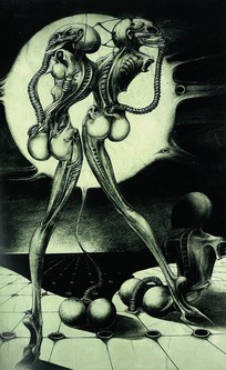 1967/68 entstand das Bild „Atomkinder“, das heute als „typischer Giger“ zu erkennen ist und schon die Lust an skelettartigen Aufbauten erkennen lässt.  (© 2024 Carmen Giger Scheifele (HR Giger Estate), Zürich)