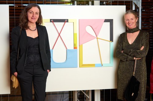Gabriele Fulterer & Christine Scherrer: Diptychon ohne Titel  (Holzrahmen, Acrylfarbe, Kunstleder, Metall-Ösen, 2 / 70 x 50 cm) aus der Serie „Studs“