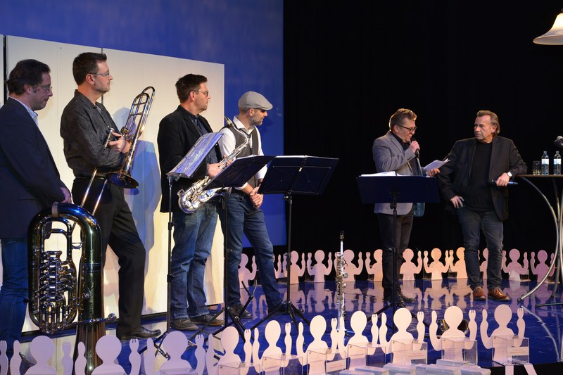 Augustin Jagg und Hubert Dragaschnig luden zum Festakt anlässlich des zehnjährigen Jubiläums von "Hunger auf Kunst und Kultur in Vorarlberg", für den musikalischen Rahmen sorgten die Mixed Horns.