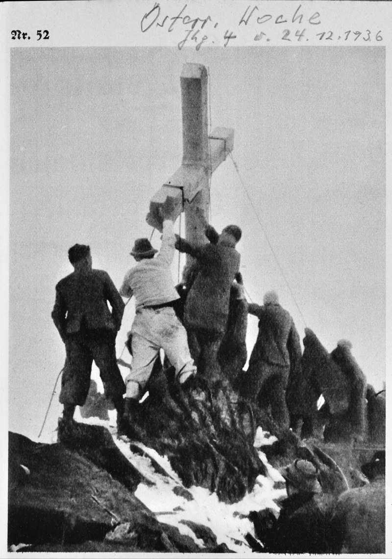 Gipfelkreuz-Errichtung auf dem Piz Buin: eine politische Demonstration des Reichsbunds der katholischen deutschen Jugend Österreichs im September 1936 (Österreichische Woche 24.12.1936)