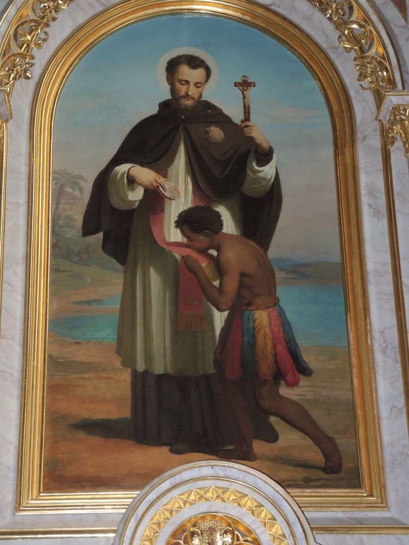 Pfarrkirche Schnepfau: Demut und Dank für die Bekehrung - ein halbnackter Schwarzer küsst die Stola des hl. Franz Xaver. Der spanische Heilige (16. Jh.) in portugiesischen Diensten war der Vorreiter der Missionierung Indiens und Ostasiens, in Afrika war er nur kurz (Moçambique 1541/42). Gemälde im Nazarenerstil von M. P. Deschwanden (1875).