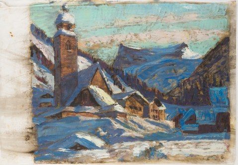 Winterabend in Lech, 1963, Monotypie, mehrfarbig, 40 x 50 cm
