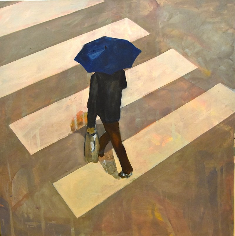 Lorenz Helfer - Fußgänger mit blauem Schirm, Serie Meine Straßen, 2021, Öl auf LW, 200x200