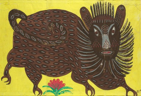 Maria Prymachenko (1909–1997), Die Bestie des Krieges, 1970er-Jahre, Gouache auf Papier, 55 x 75 cm (Rodovid Gallery Collection, Kyiv © 2023 by Charitable Heritage of the Maria Prymachenko Family)