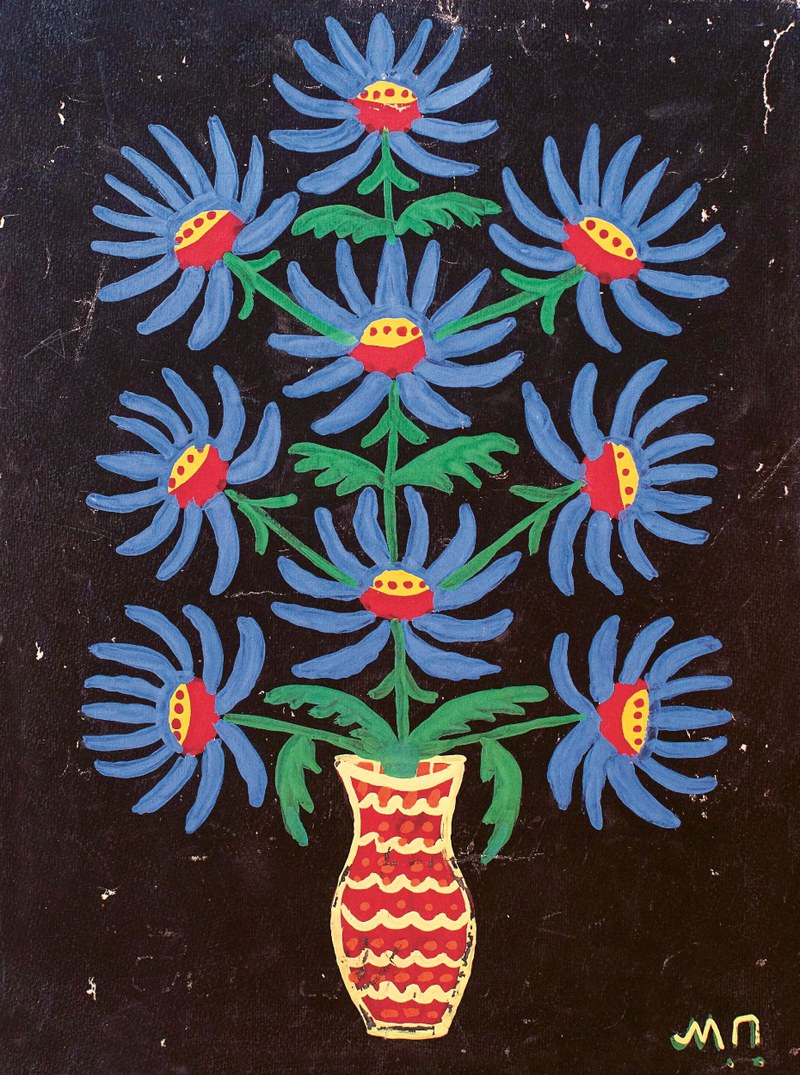 Maria Prymachenko (1909–1997): Die Blumen auf Schwarz, 1960–1970er-Jahre, Gouache auf Papier, 45 x 33,5 cm (Rodovid Gallery Collection, Kyiv © 2023 by Charitable Heritage of the Maria Prymachenko Family)