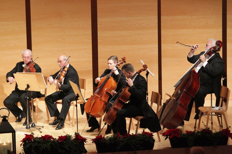 Mit besonderer Eleganz und viel Feingefühl bearbeitet Kontrabassist Wolfgang Gürtler sein behäbiges Instrument. Er ist zugleich der Organisator der „Streichersolisten“ (© Arno Meusburger)