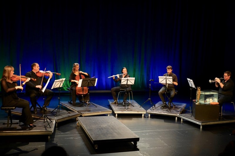Das Ensemble Plus mit Michaela Girardi (Vl), Guy Speyers (Va), Jessica Kuhn (Vc), Anja Nowotny-Baldauf (Fl) Hauke Kohlmorgen (Klar) und Roché Jenny (Trp) gaben im schönen Ambiente des Theater Kosmos ein anregendes Konzert, in dem die Klangerforschung in den Mittelpunkt gestellt wurde.