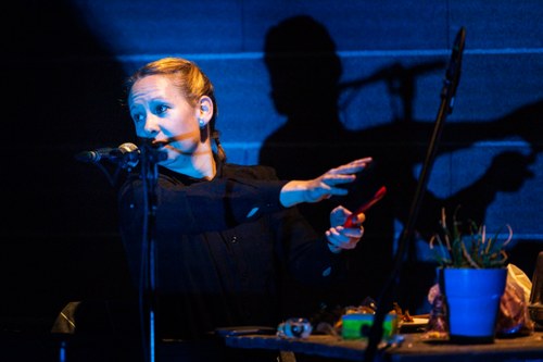 Die Musikerin Cornelia Baumgartner spielt, singt und synchronisiert Filmsequenzen live (© Stefanie "Momo" Beck)