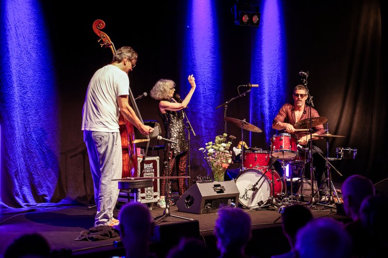 Ein absolutes Highlight: die avantgardistische New Yorker Vokalartistin Shelley Hirsch, umrahmt vom Züricher Kontrabassist Christian Weber und „Hausherr“ Alfred Vogel an den Drums (Foto: Stefan Hauer)