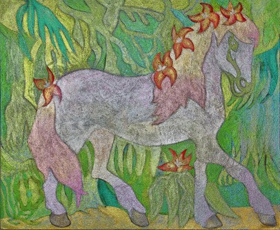 Tin Trohar - Pony und Pflanzen, Acryl und Glitter auf Jute