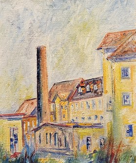 Gerhard Winkler: Alte Rhombergfabrik Dornbirn, Öl auf Leinwand, 1996