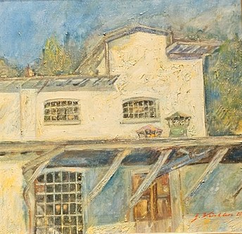 Gerhard Winkler: Färberei in Dornbirn-Steinebach, Öl auf Leinwand, 2002