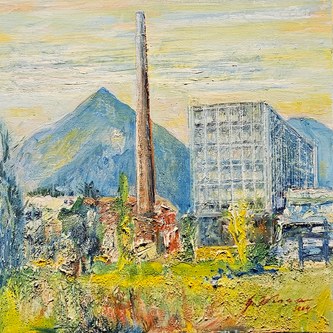 Gerhard Winkler: Rhombergs Fabrik, Dornbirn, Öl auf Leinwand, 2004+